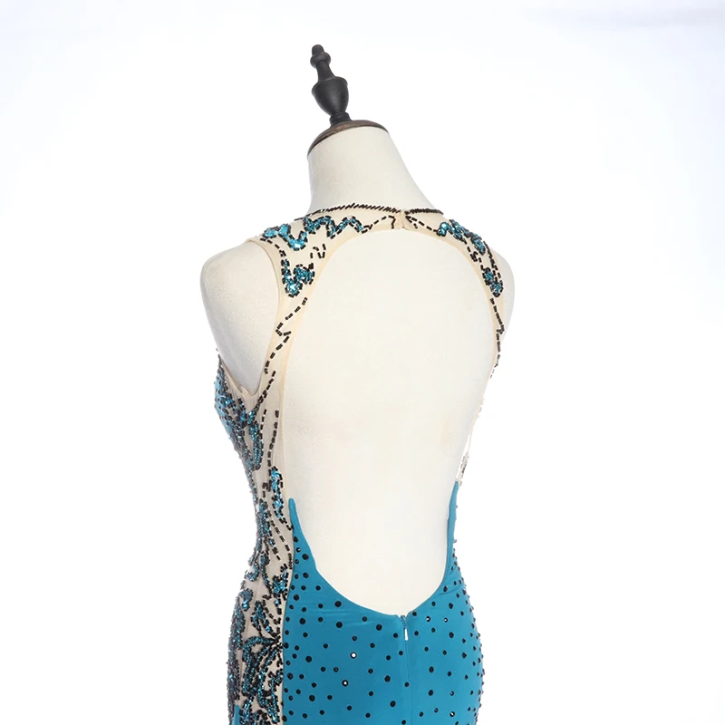 Elegant beaded blue ceremony apparel open back long mermaid evening dress