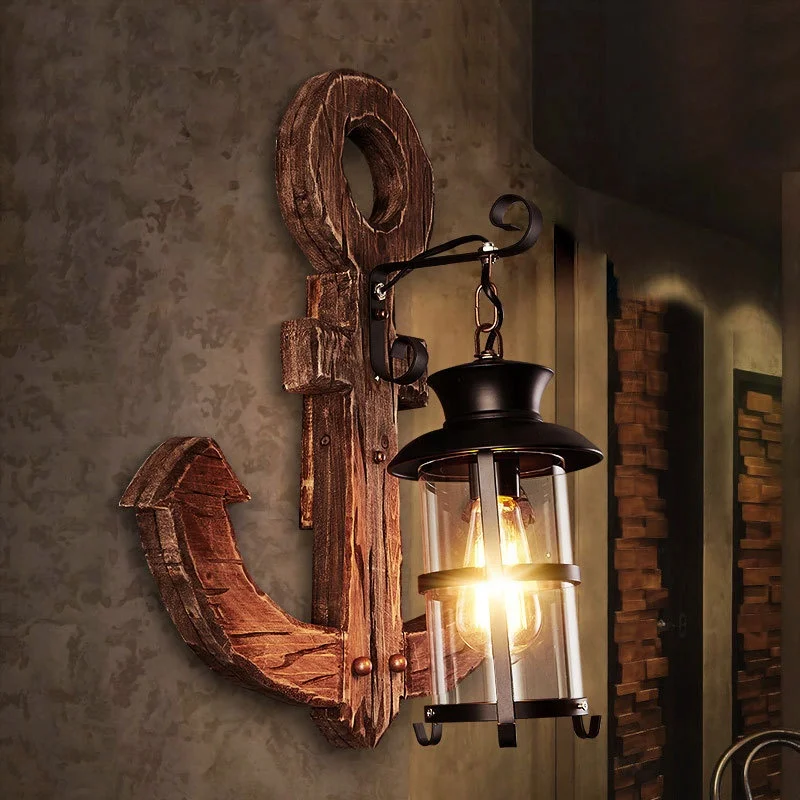 Fancy Vintage Rural Industrial Wooden LED Wall lamp Anchor Shaped Light For Bar Decoration