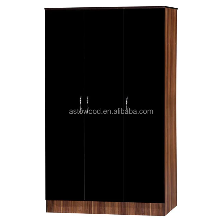 high gloss black color 3 door wardrobe with walnut body