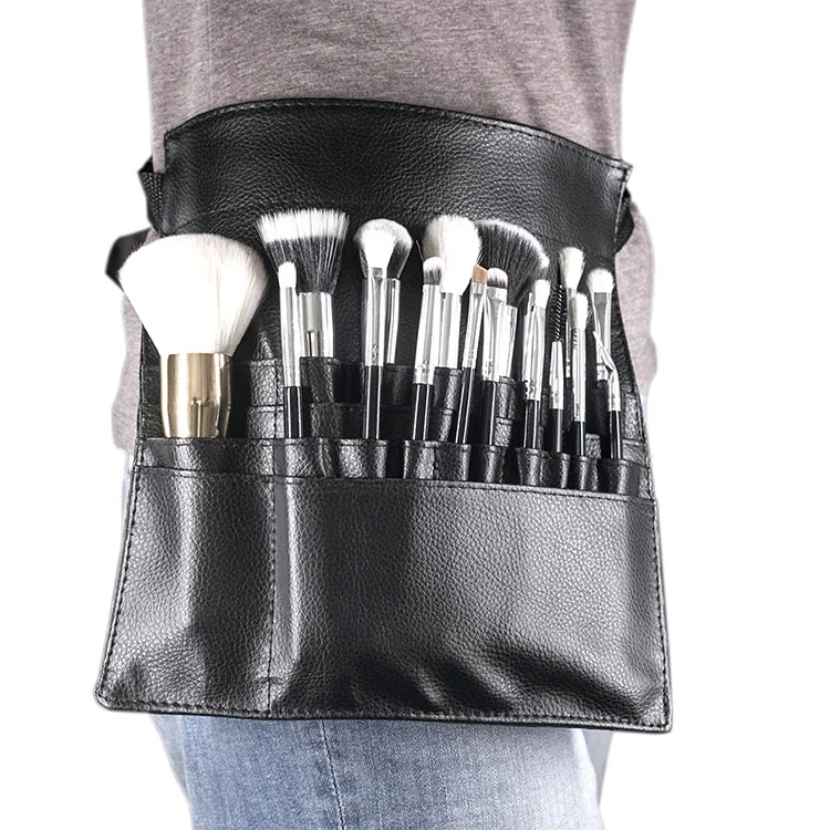 Personalized Portable Black Organic Cosmetic With Cup Holder Leather Case Fashionable Travel Makeup Brush Bag