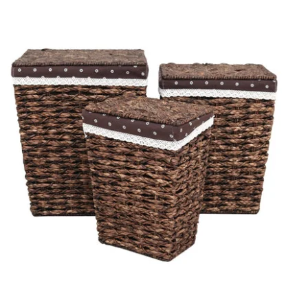 water grass hand woven brown lundry basket with cover 3/set