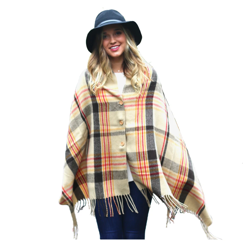 
plaid classic fringe button hot selling ladies cape poncho 