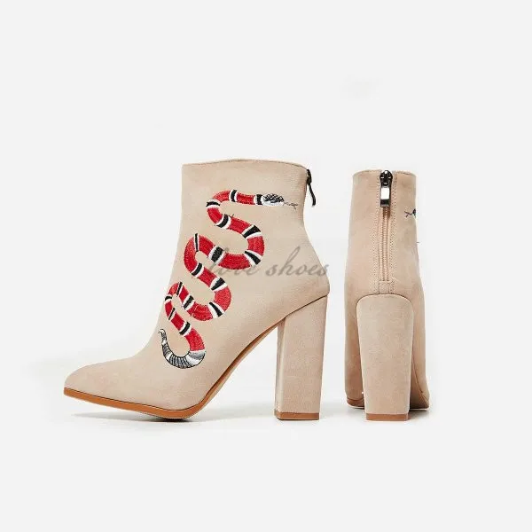 High Heeled Ankle Boots Snake embroidered in nude suede Women pointed toe booties