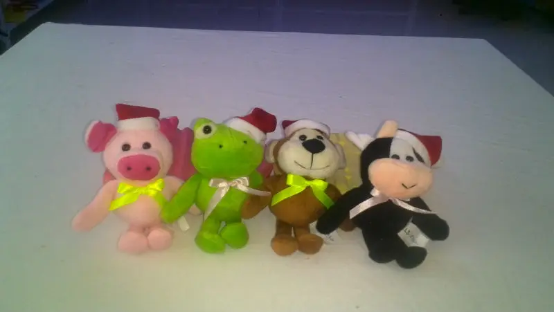 17cm promotional customized plush christmas pig/frog/bear/cow animal toy with red hat&green bowtie