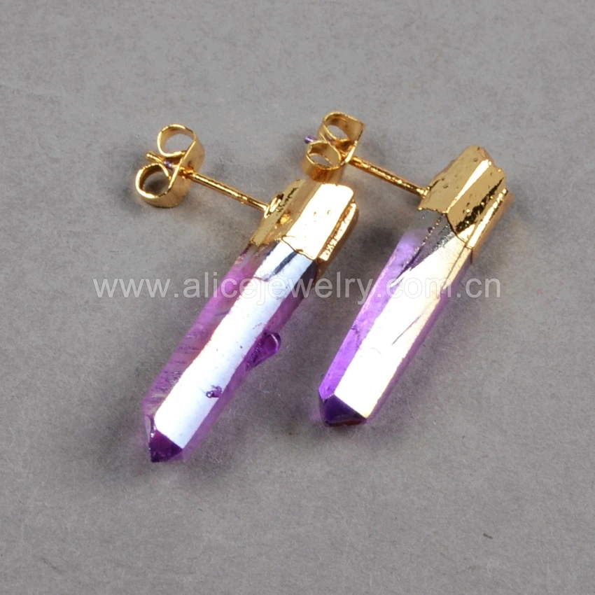 G0363 Good Quality Electroplated Stone Point Earrings, Stone Stud Earrings, Quartz Stone Earrings