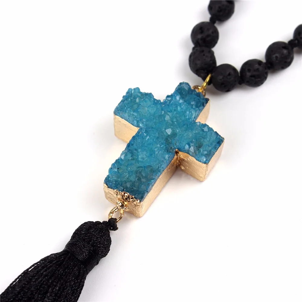 AFXSION Natural stone beads necklace, rock& powder crystal&black fused rock Beads Cross pendant tassel necklace