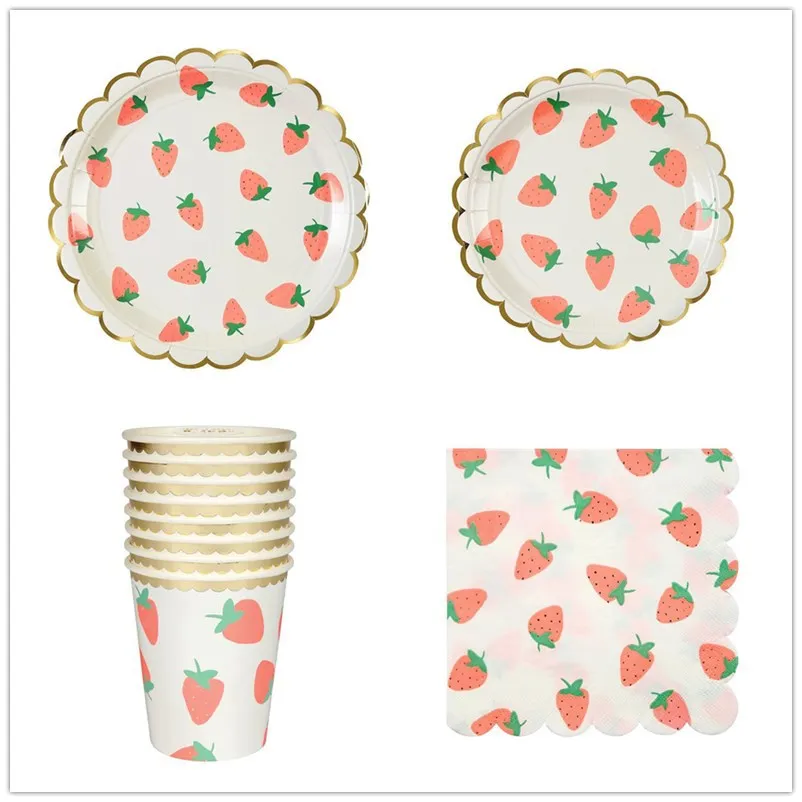 
Reusable Party Tableware Sets Disposable Colorful Strawberry Paper Plates Sets 