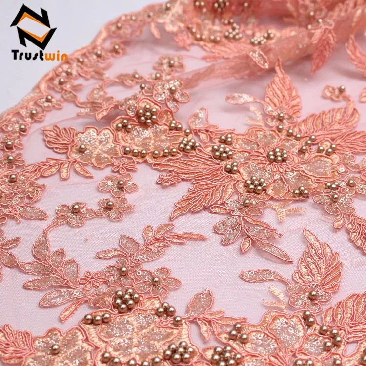 Good quality handmade bead embroidery french lace fabric