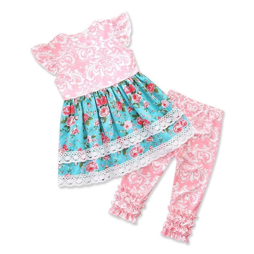 New Fashion Girls Boutique Outfits Sets Cute Kids Summer Remake Clothes Pink Floral Dress Ruffle Pants Baby Girl Clothing Sets
