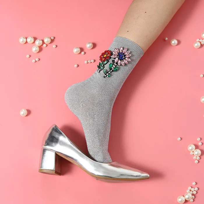 Женские носки со стразами, новинка, весенние носки до щиколотки с драгоценными камнями и цветами