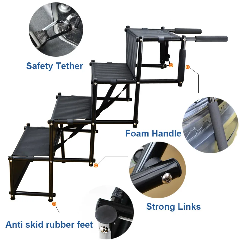 Dog Car Folding Stairs Metal Frame Collapsible Pet Ramp with Four Dog Steps Portable Adjustable Folding Dog Ramp