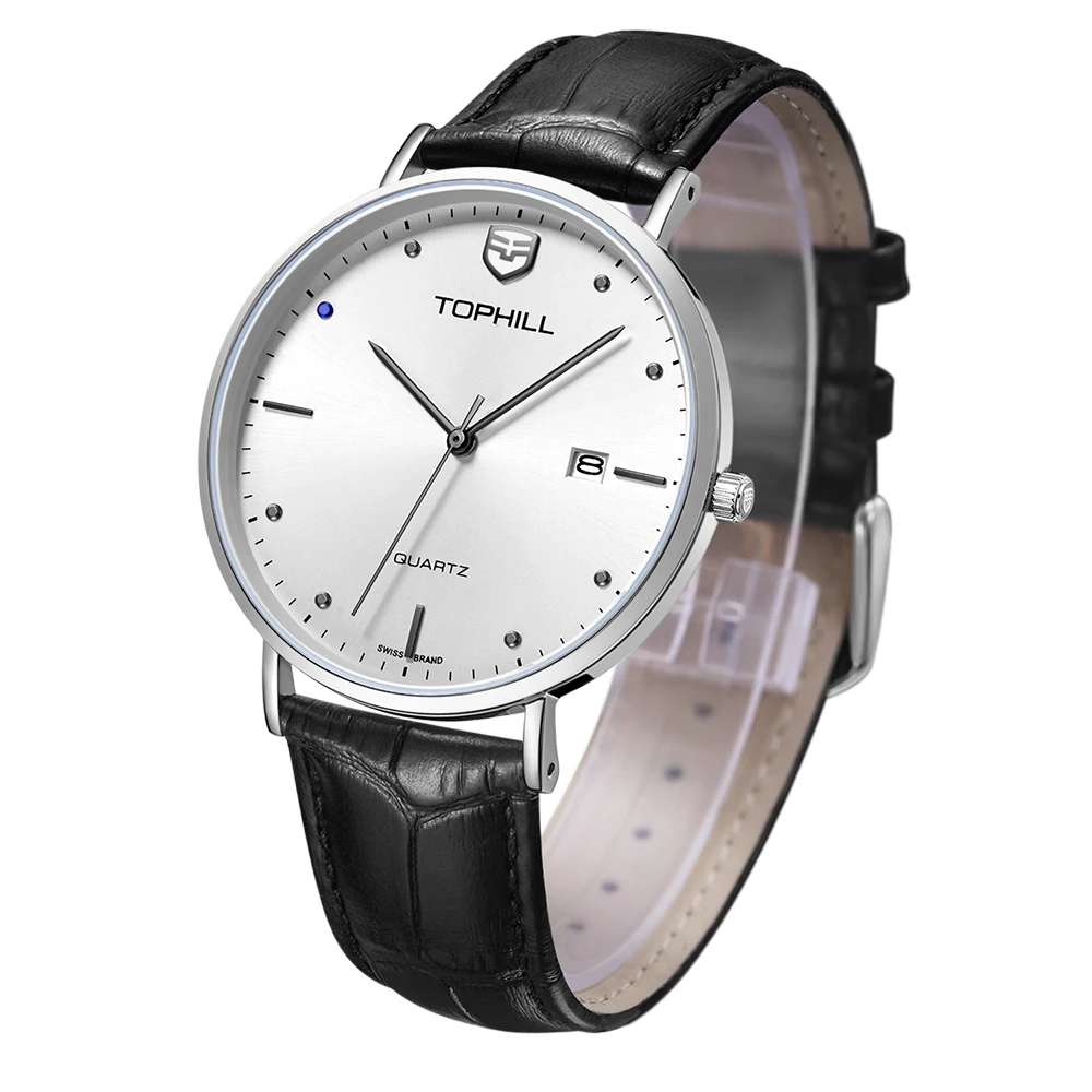 Minimalist Stainless Steel Case Back Genuine Leather Band Slim Stone Quartz Wrist Watch Japan