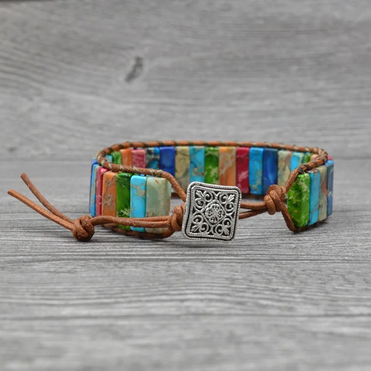 Chakra Multi Color Natural Stone Tube Beads Leather Handmade Bracelet