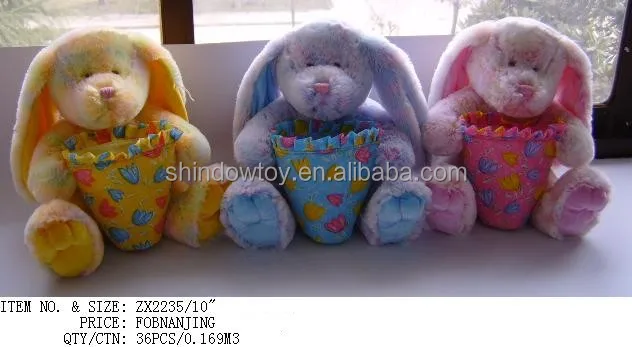 
cute and lively stuffed customized plush rabbit with a long floppy down ear and a container 