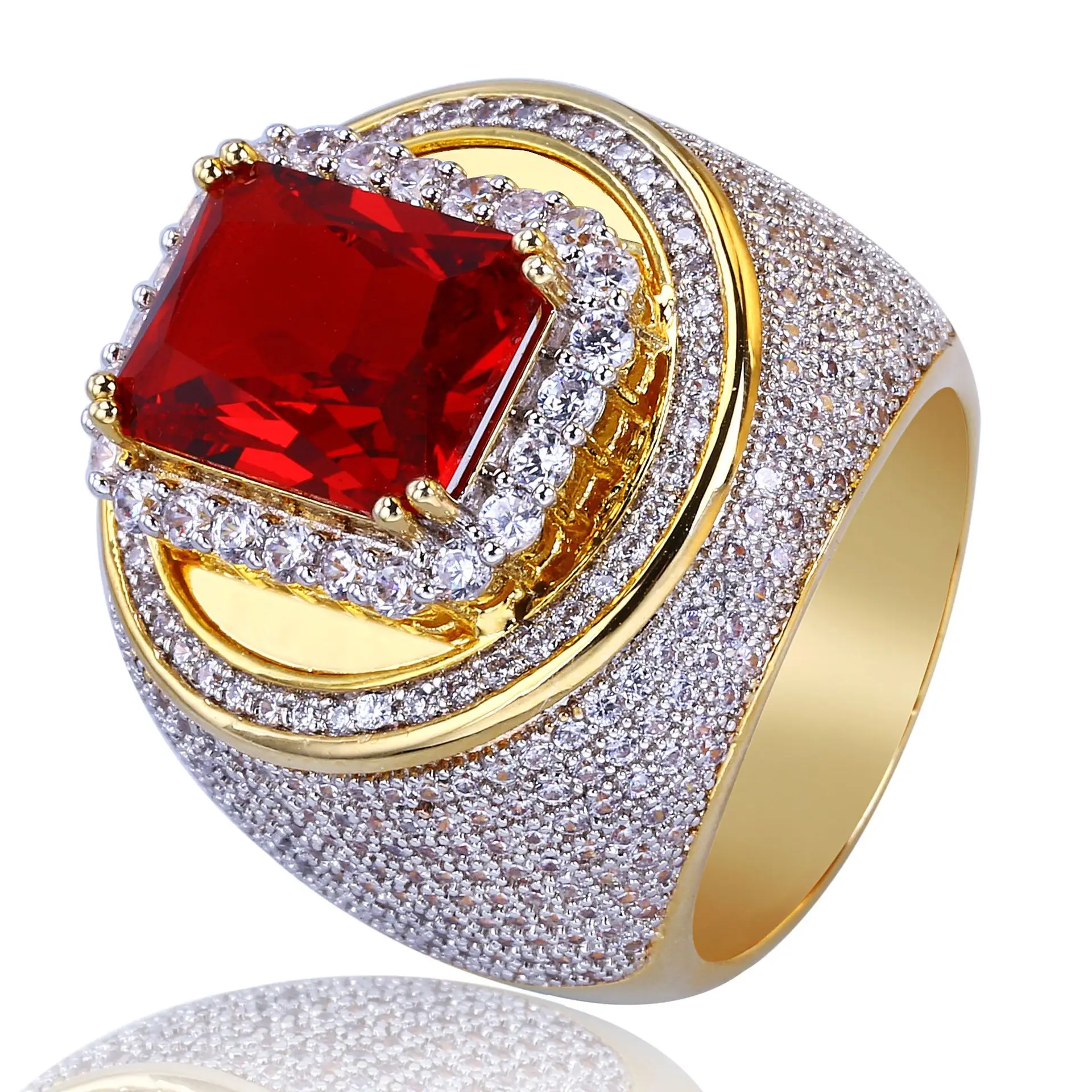 Luxury High-end High Quality 18k Solid Gold Plated Micro Pave AAA CZ Stone  Bling Bling Saudi Arabia Ruby Ring Hiphop Jewelry
