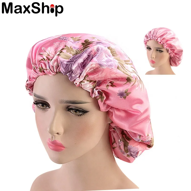 Wholesales Double face print bonnet satin sleep cap with adjustable cord for women