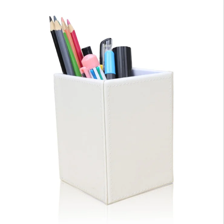 
PU Leather Square Pens Pencils Holder Cup Desktop Stationery Organizer Case Office Accessories Container Box 