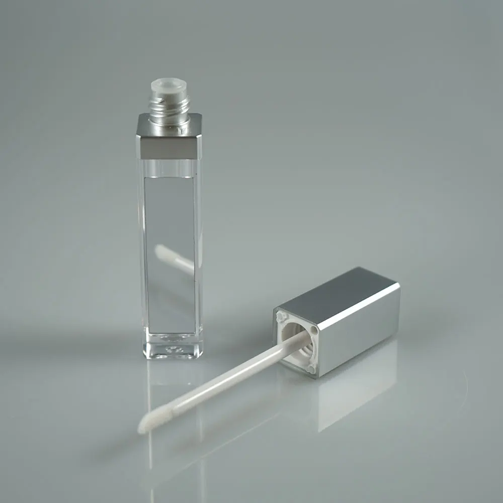 Wholesale silver square 8ml LED light lip gloss tube / black lip gloss packages with mirror
