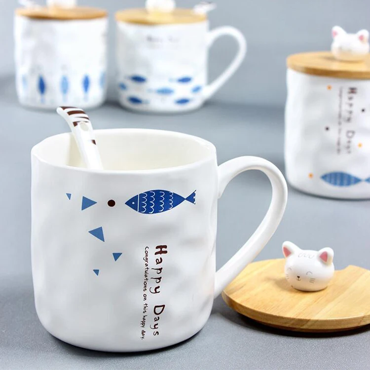 Japanese Styles Creative Cute Cat and Fish Cartoon Ceramic Mugs Breakfast Milk Cup With Spoon and Cover for Girls Gift