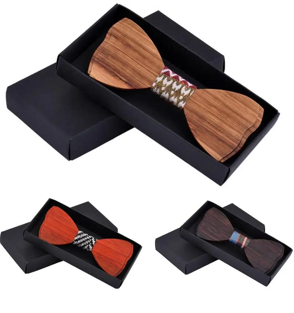  High-end mens wooden bowtie set with gift box Customized wood bow tie and pocket