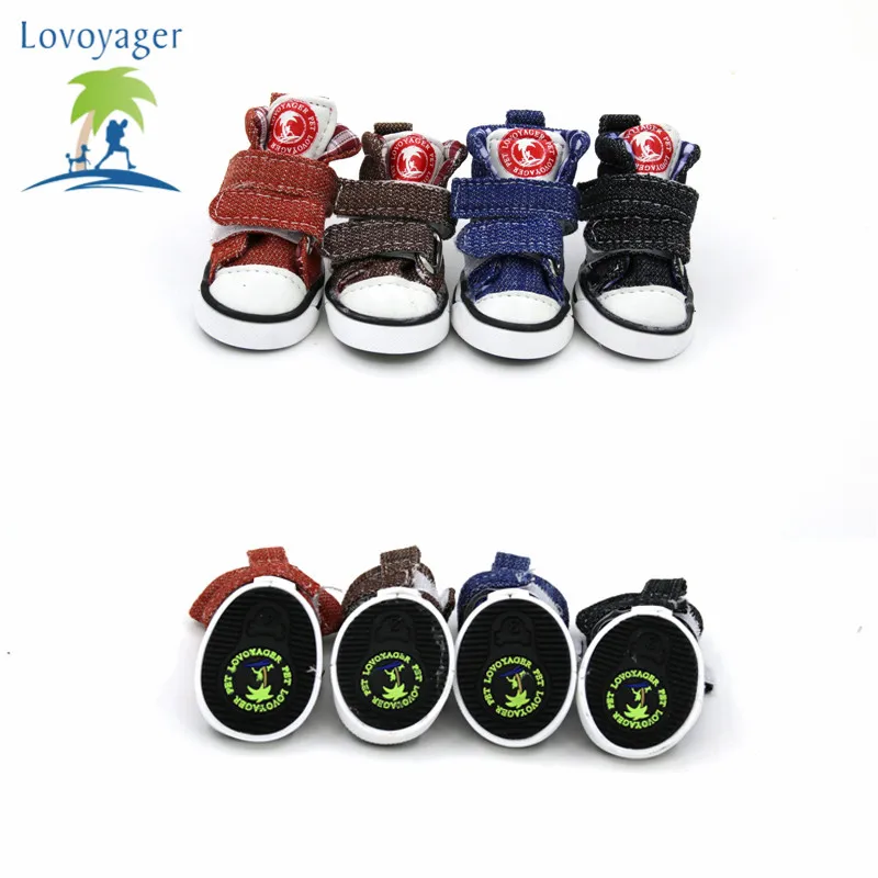 LOVOYAGER wholesale pet accessories canvas fabric dog shoes non slip blue jean dog sneakers dog boots