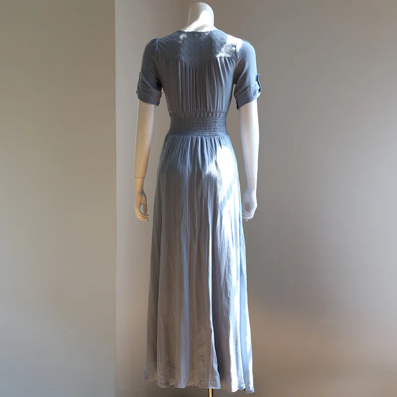 
UK V neckline Patchwork embroider tall waist maxi cotton dress bohemia style 