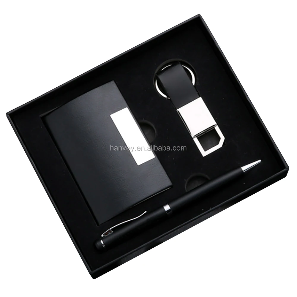 
Factory price wholesale promotion gift luxury custom PU leather card holder pen and keychain business corporate gift set 