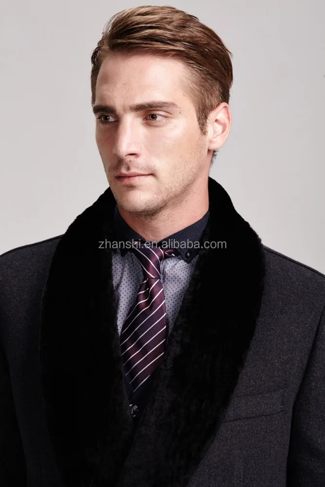 Long Design Mens Winter Wool Cashmere Coats With Real Fur Collar