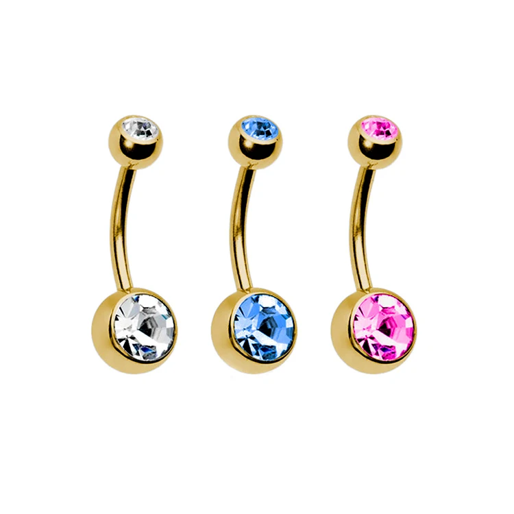 PVD Plated Double Gems Navel Rings Belly Button Piercing