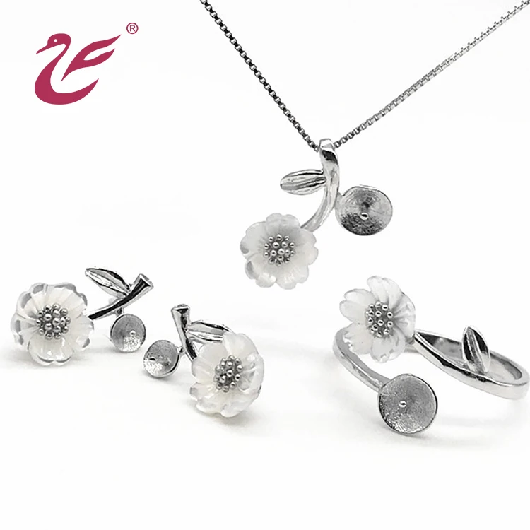 China wholesale custom african flower jewelry set bridal 925 Sterling Silver necklace earring rings shell jewelry sets