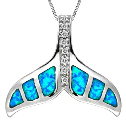 Hot Sale 925 Sterling Silver Simulated Blue Opal Whale Tail CZ Accented Pendant Necklace