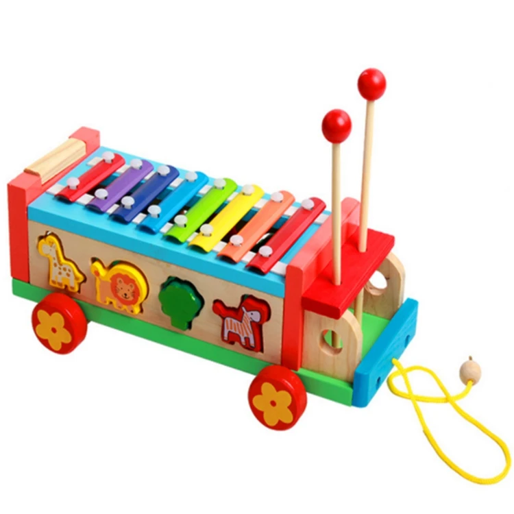 Cartoon Hand Knock Piano Toys Wooden Musical Pounding Toy Children Xylophone Bus Car