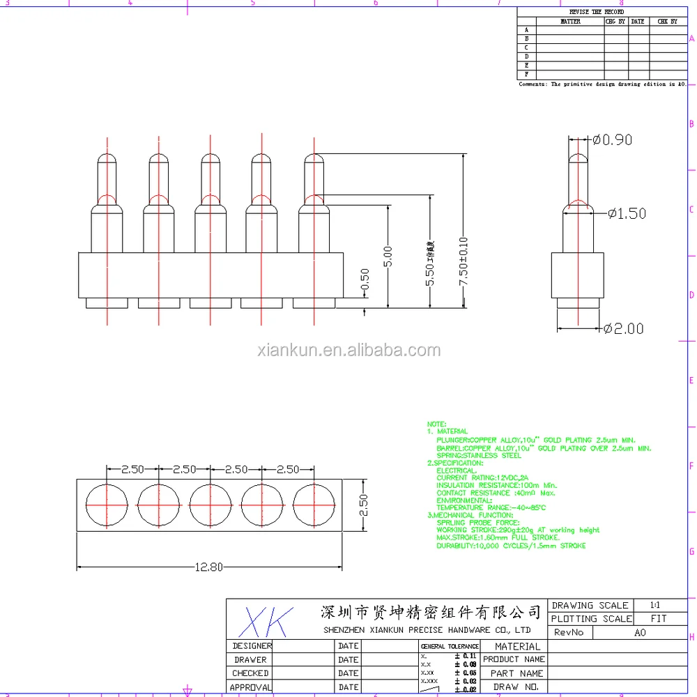 Pin Pitch 2.5 mm Precision Customized 5 pin Pogo Pin connector