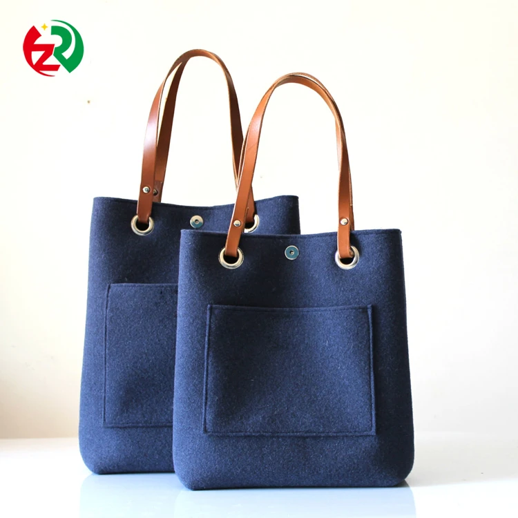 Factory wholesale cheap felt bag customized 3mm felt tote bag with PU handle