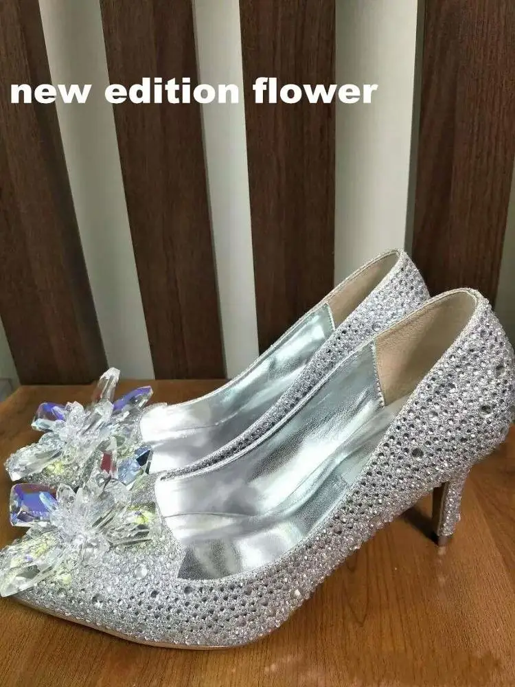 ZH0403X Top Grade Cinderella Crystal Shoes Bridal Rhinestone Wedding Shoes With Flower Genuine Leather