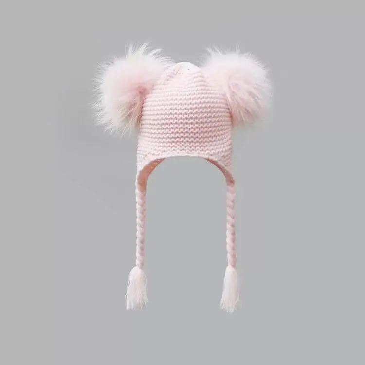 Kids Size Real Raccoon Fur hat Attached Wool Blend Crochet knitted string pom pom beanie for girls