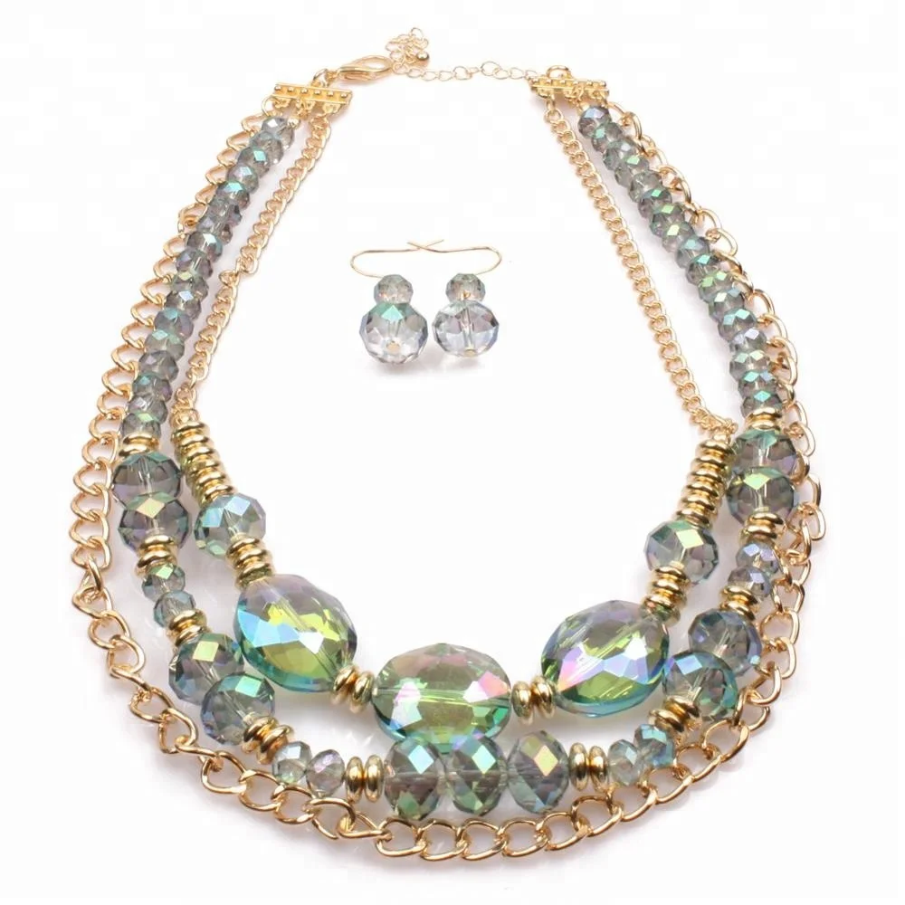 Fashion Design Handmade Glass Beads Jewelry Multi Layered Necklace And Earring Set lux jewelry