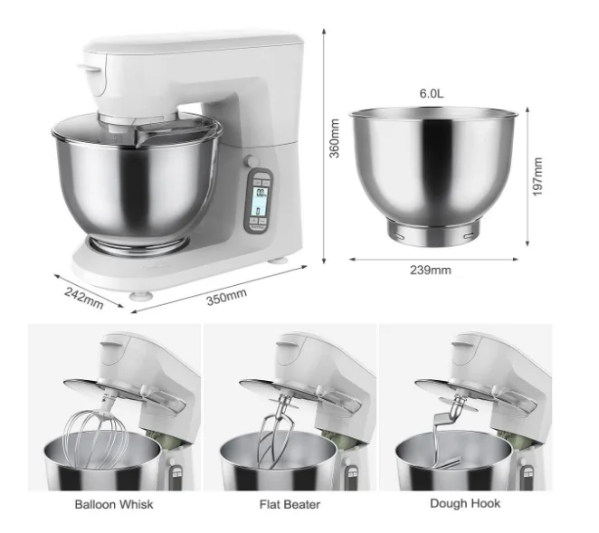 
1500W and 6L LCD display Electric power cake stand bread dough mixer with meat grinder and blender 