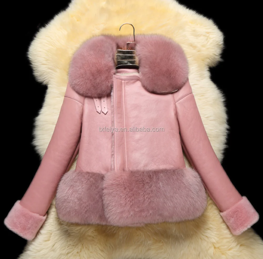 2017 Winter Fox Fur Trim Coat For Women Sheepskin Double faced Leather Jacket
