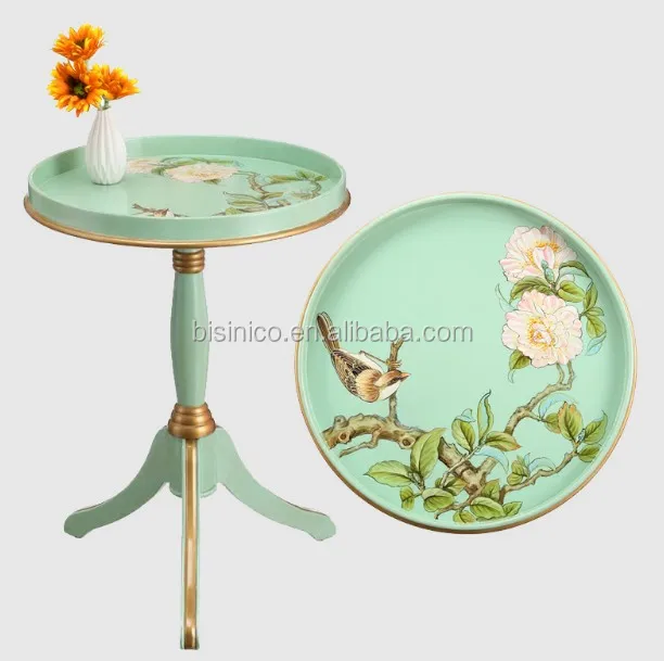 Elegant Antique American Style Solid Wood Glass Top Hand Painted Small Coffee Table For Living Room BF05- FH0202