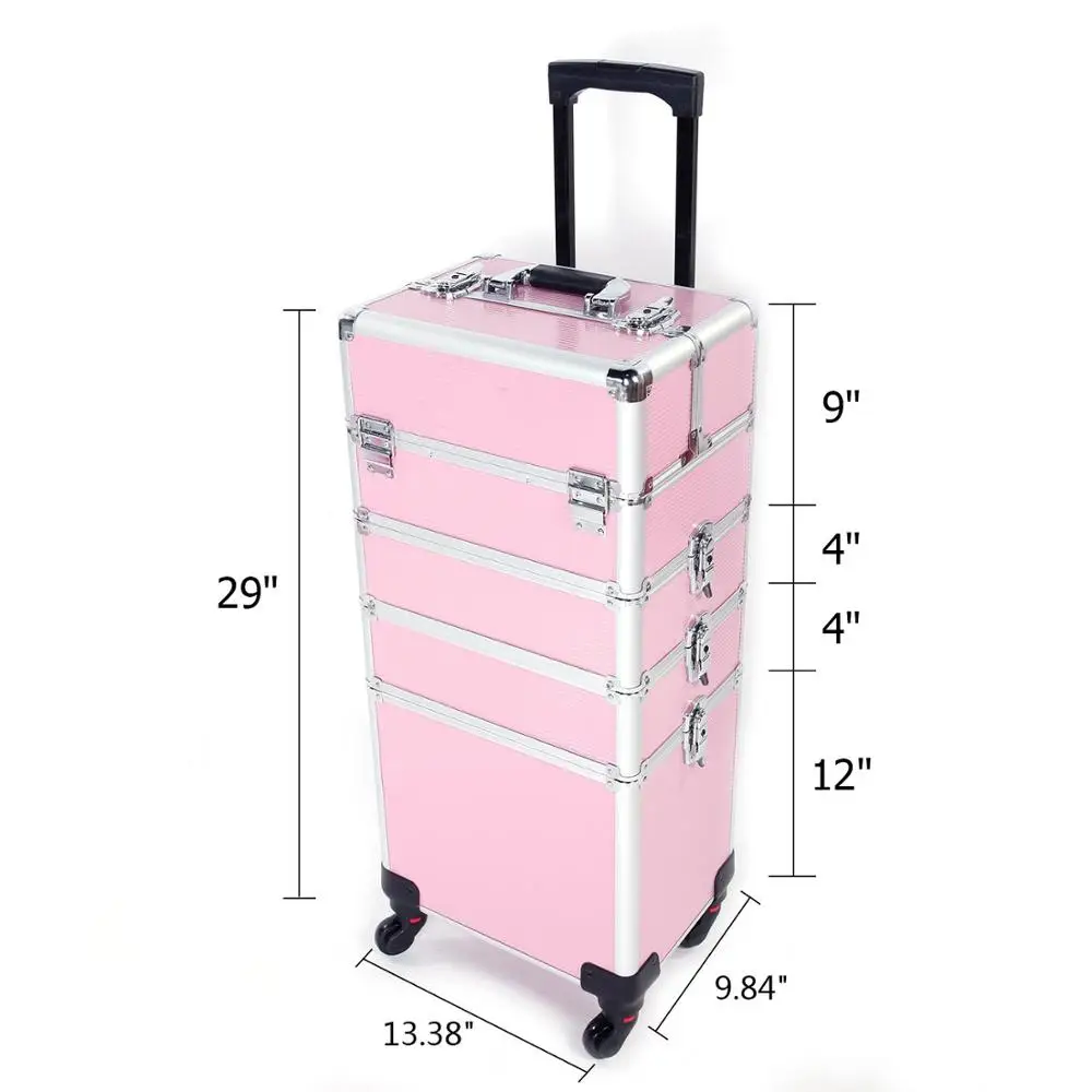 4-in-1 Rolling aluminum Cosmetic Trolley Beauty Stylist Artist Organizer case with 4 Removable Wheels Lockable Keys
