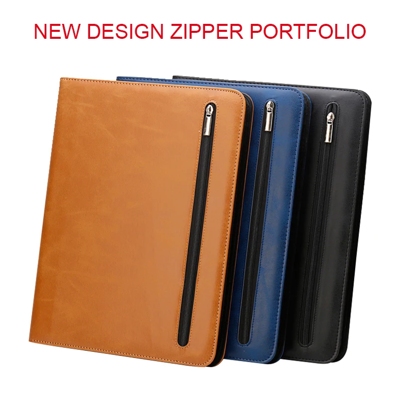 
High quality a4 A5size business leather portfolio pu Conference Folder With Notepad Holders stationery factory zipper folders 