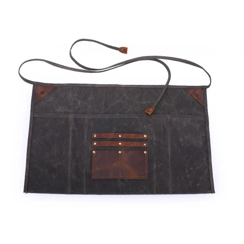 Dreamtop DTB348 waterproof waxed canvas leather apron for men wholesale half gardening apron with pockets