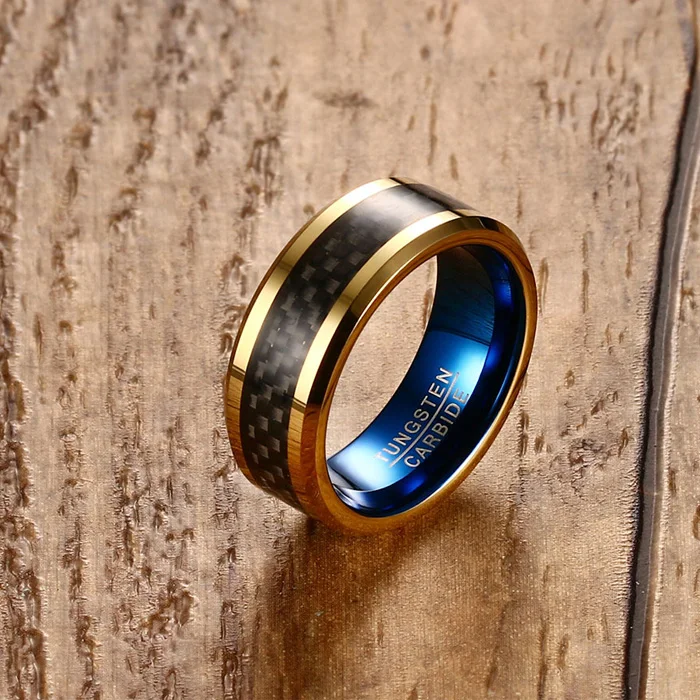 manufacture  High Quality 8mm ring  wide ip gold plating carbon fiber material tungsten carbide