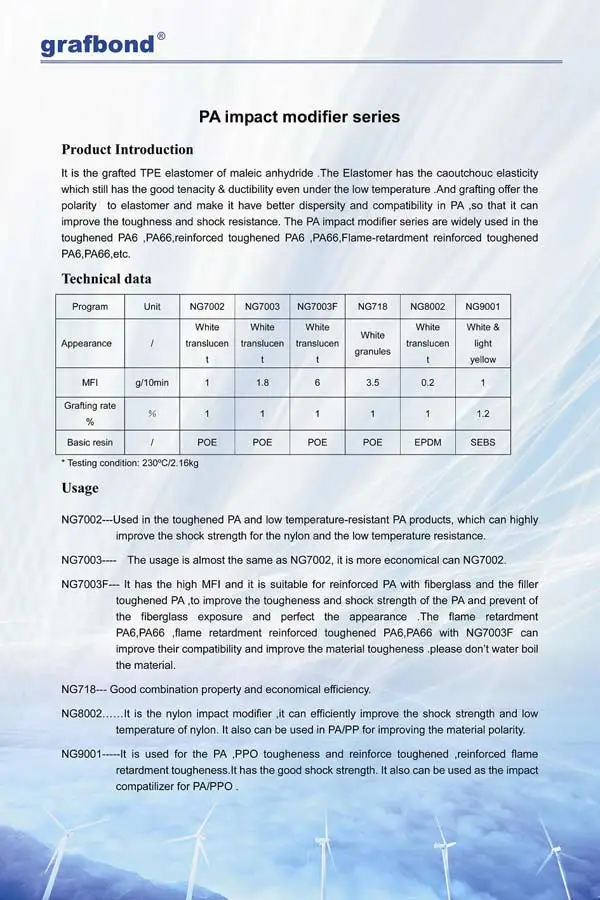 PA/PE compatilizer by maleic anhydride PE to improve the compatibility for PE+PA,Fiberglass,talc,aluminium,halogen-free FR
