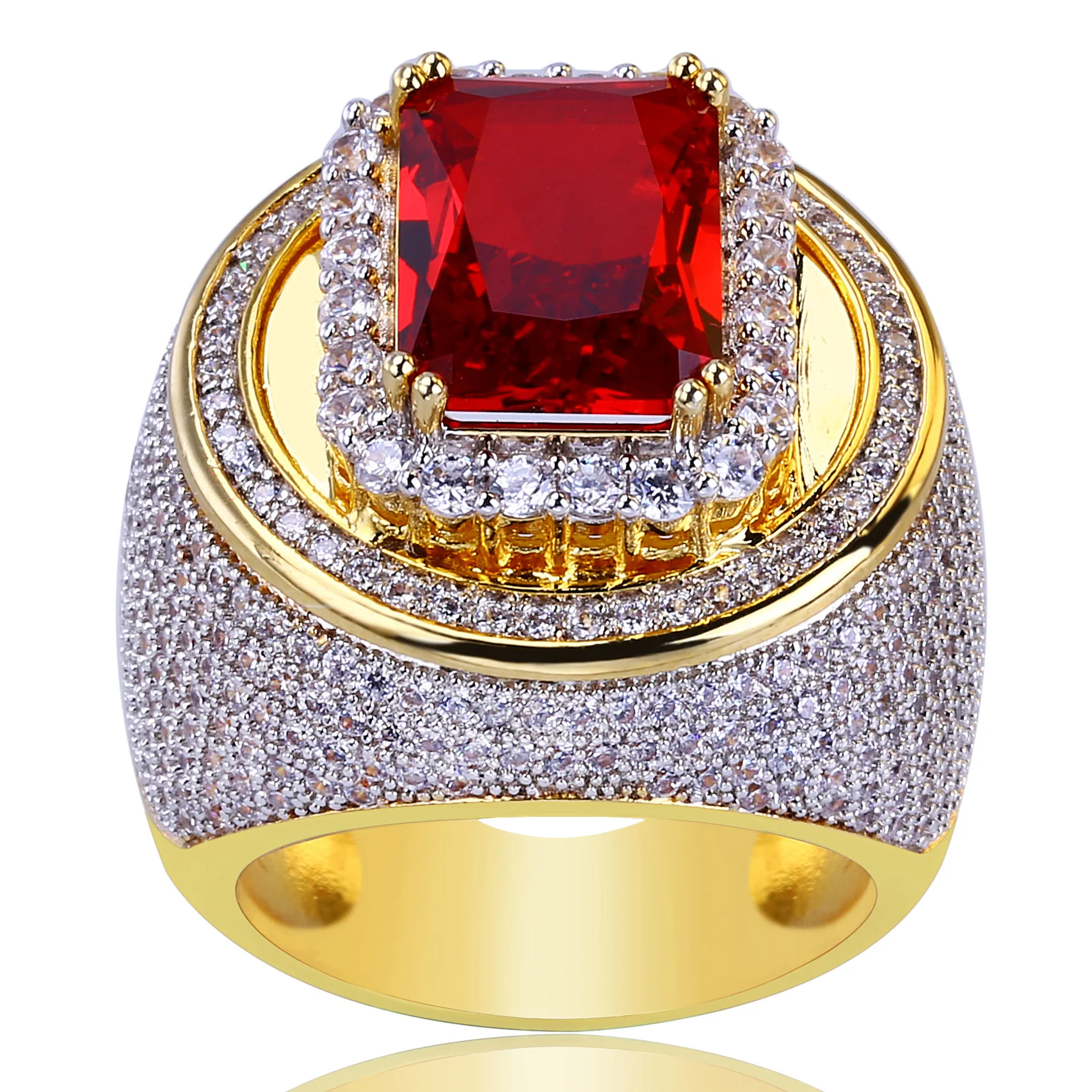 Luxury High-end High Quality 18k Solid Gold Plated Micro Pave AAA CZ Stone  Bling Bling Saudi Arabia Ruby Ring Hiphop Jewelry