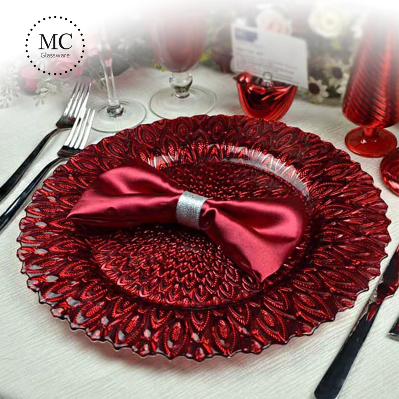 Fancy glass silver peacock charger plates decoration for wedding