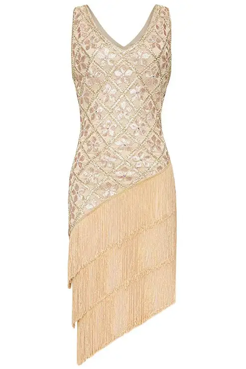 Hot Selling 1920s Vintage Flapper Sequined Dress Gatsby Fringed Dress Roaring 20s Party Dress V-Neck