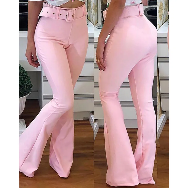 women solid polyester High Waist Bell-Bottom Casual long  flare leg Pants Flat front  waist belt  front zip fly full length