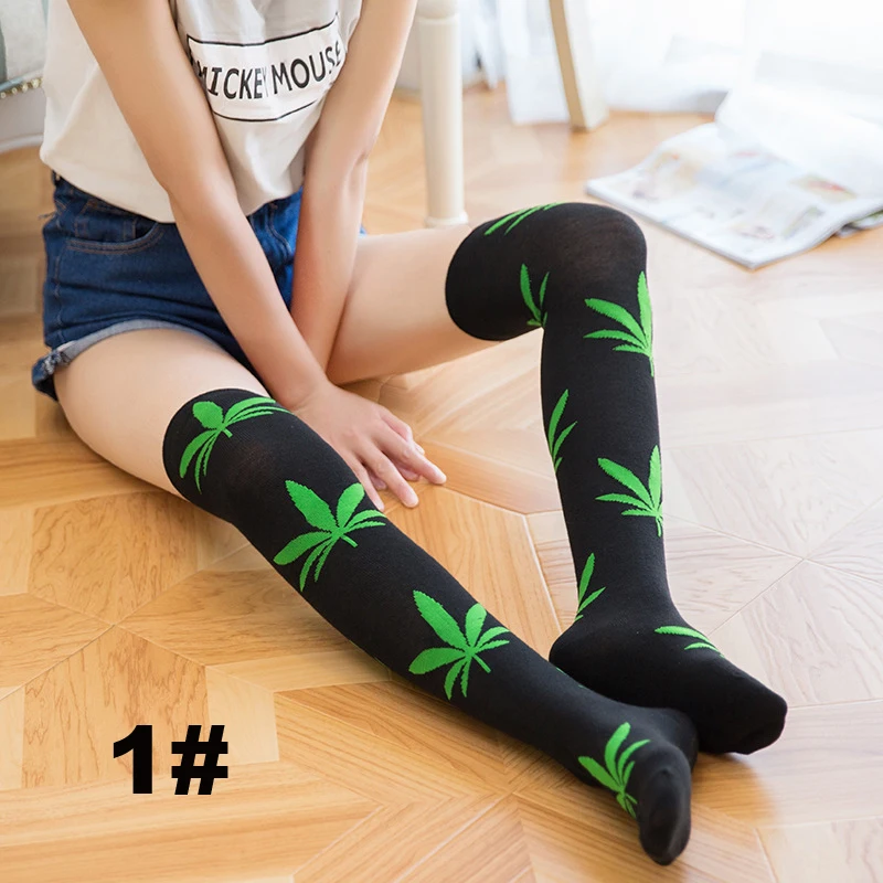 Bonypony wholesale Hot sexy fashion youth young women girls weed leaf slim legging stocking over knee high socks